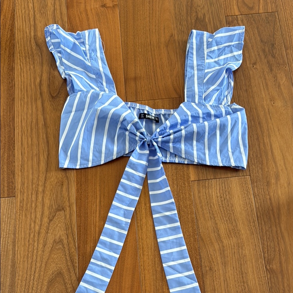 Blue Striped Crop Top with Tie Front